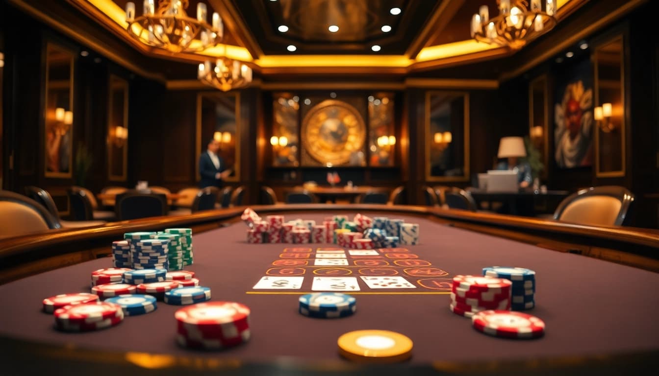 Az online casino izgalmas asztalai színes zsetonokkal és kártyákkal várják a játékosokat.
