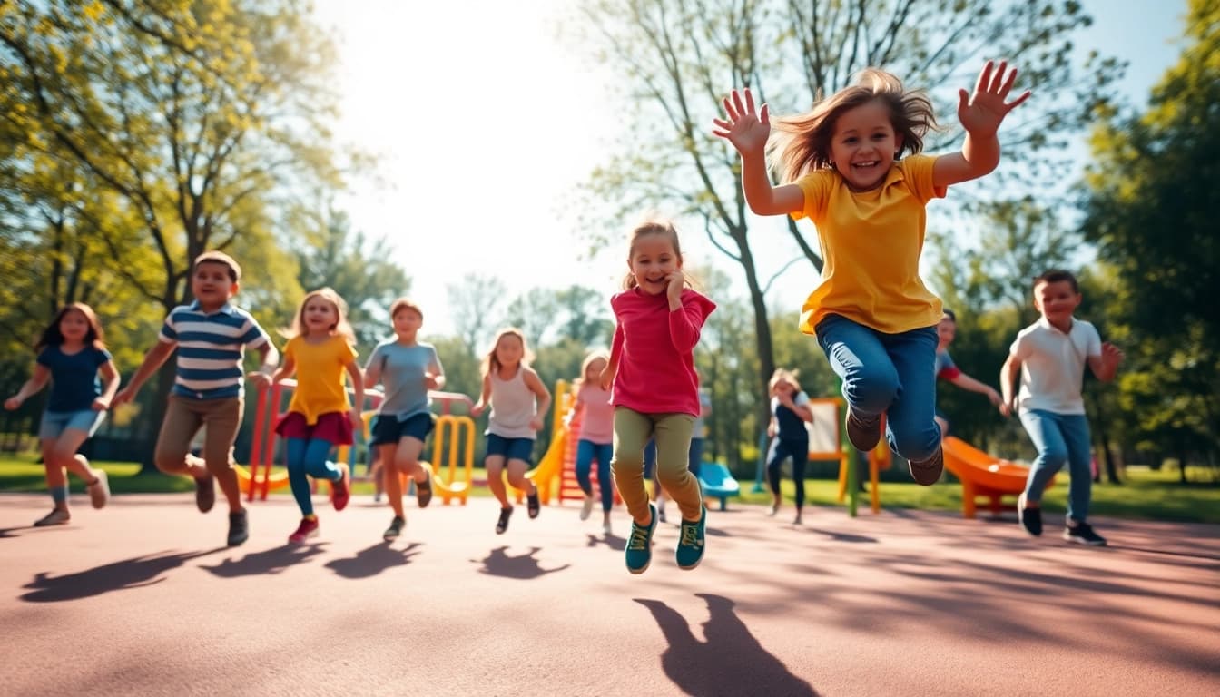 Details jetzt lesen ueber Kinder, die begeistert Bewegungsspiele im Freien spielen.