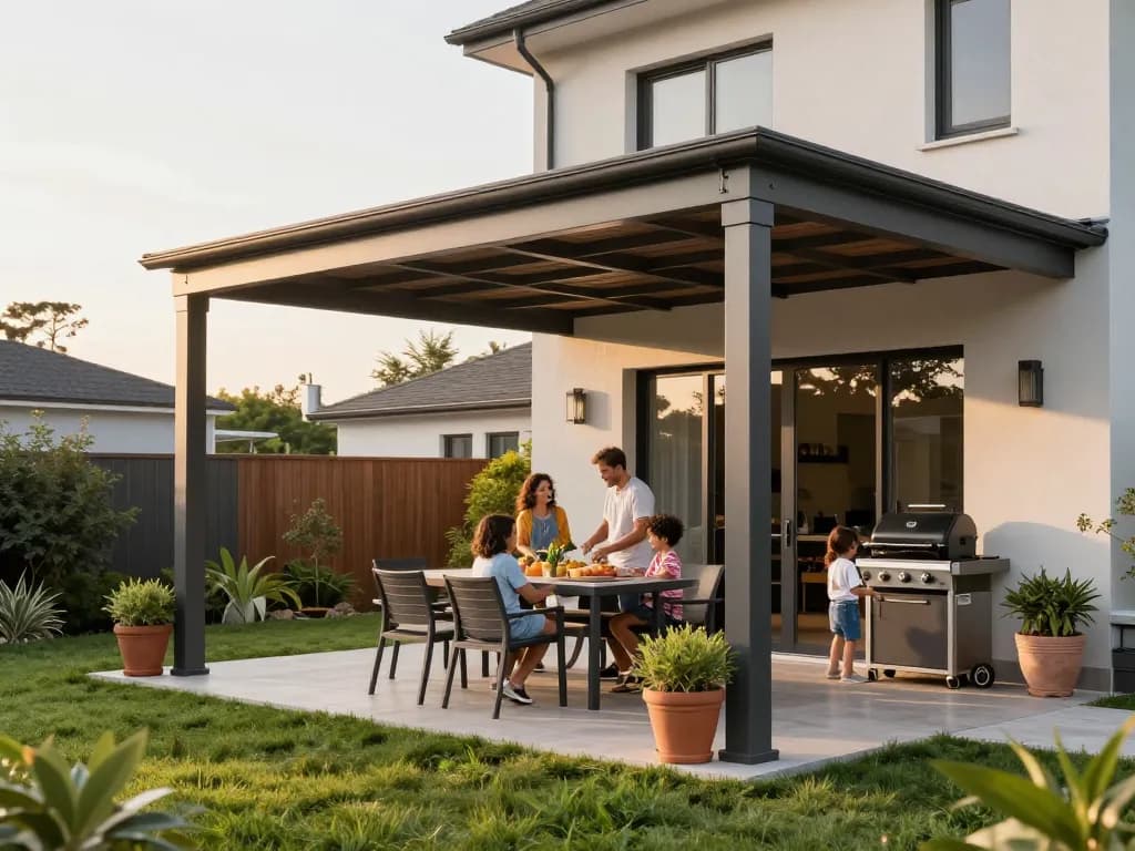 Familie genießt eine stilvolle Terrassenüberdachung in einem modernen Garten mit Grünanlagen.