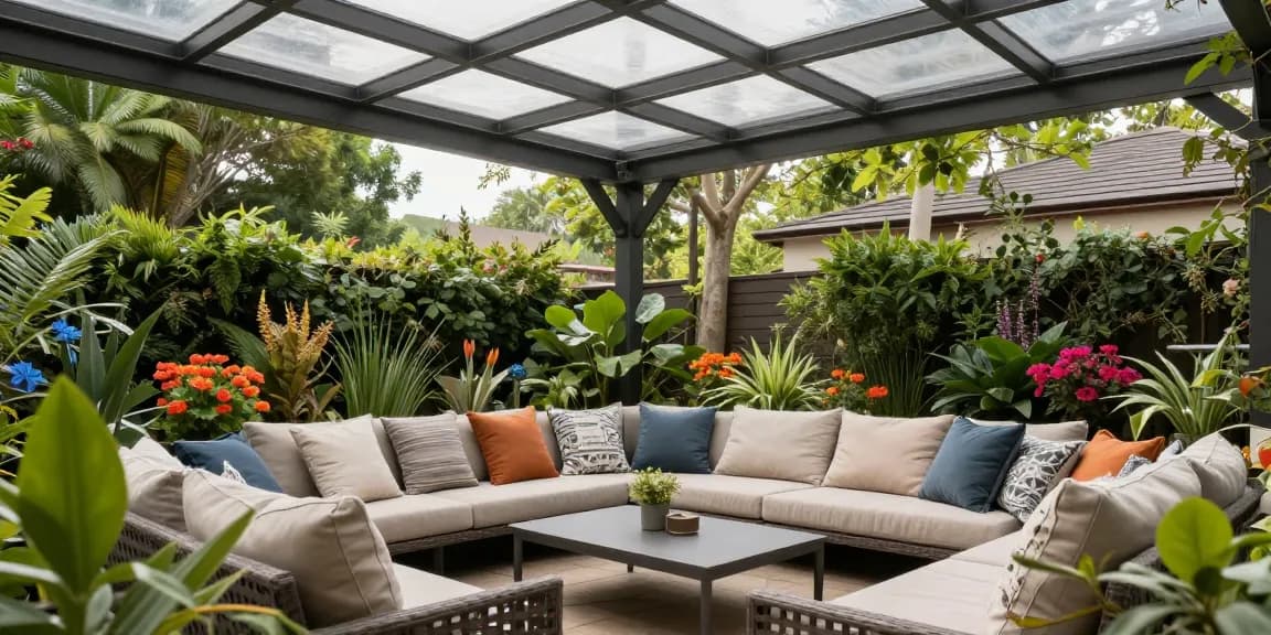 Moderne Terrassenüberdachungen auf einer einladenden Terrasse mit gemütlicher Sitzgelegenheit und begrünten Pflanzen.