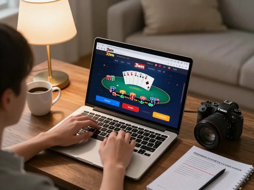 32win online gaming session with a player strategically betting on poker in a cozy home setup