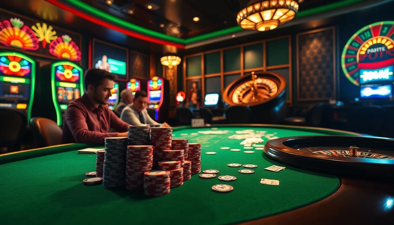 Experience the excitement of 69VN with an engaging casino scene featuring poker tables and vibrant slot machines.