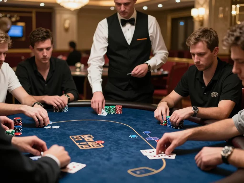 Players engaged in a high-stakes poker game at a luxurious casino, showcasing the thrill of nohu betting.