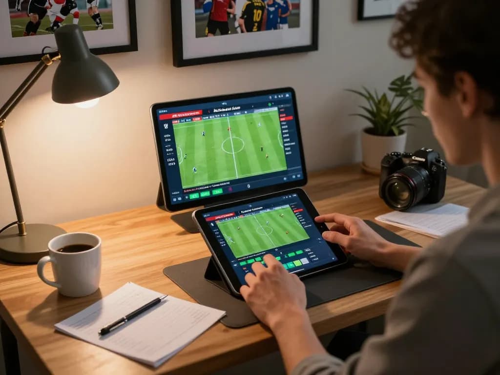 Engaging online betting scene showcasing kèo nhà cái odds on tablet, emphasizing strategic sports gambling.
