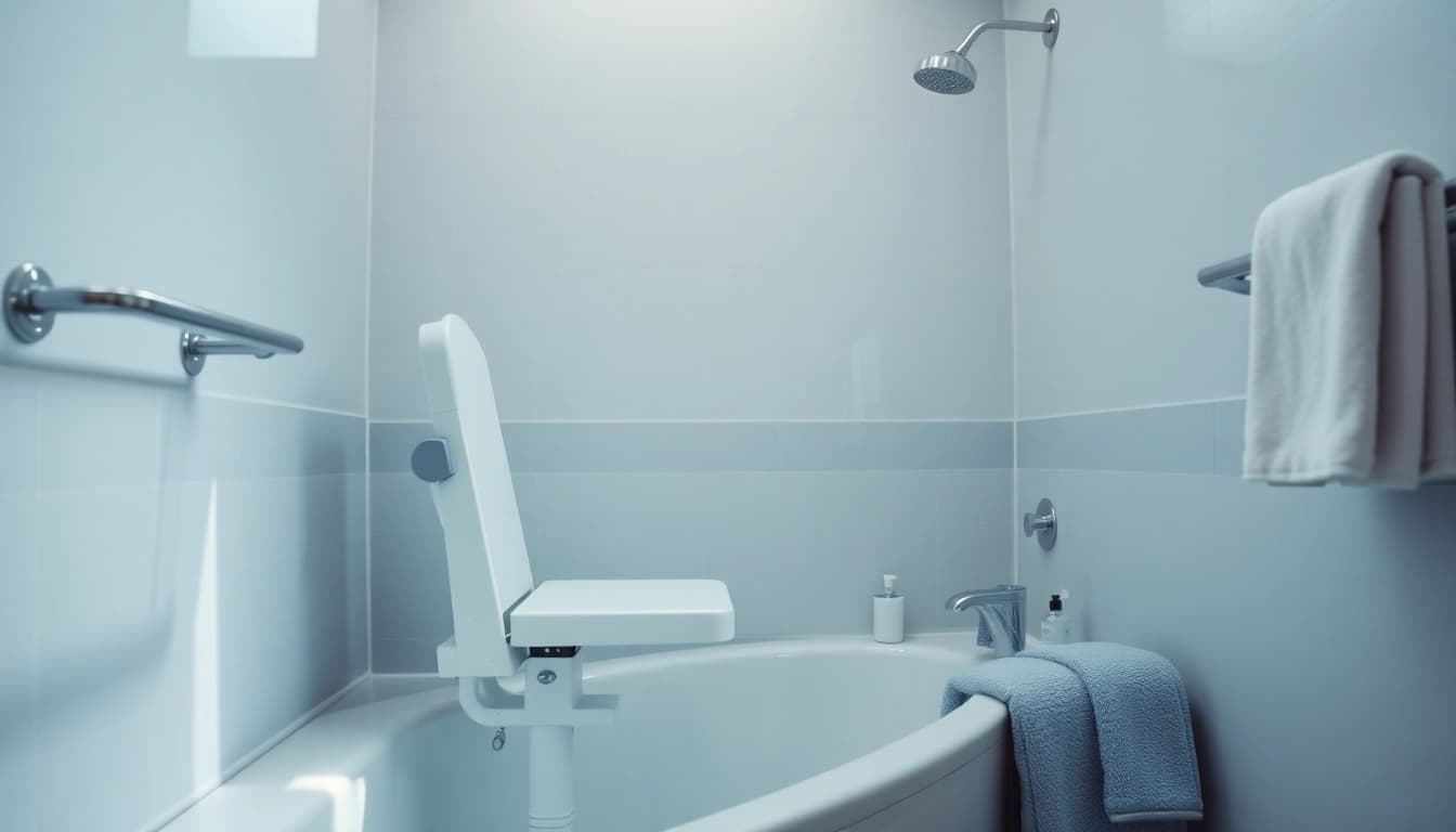 Badehilfe für Senioren mit einem ergonomischen Badelift in einer ruhigen Badezimmerumgebung für mehr Sicherheit und Komfort.