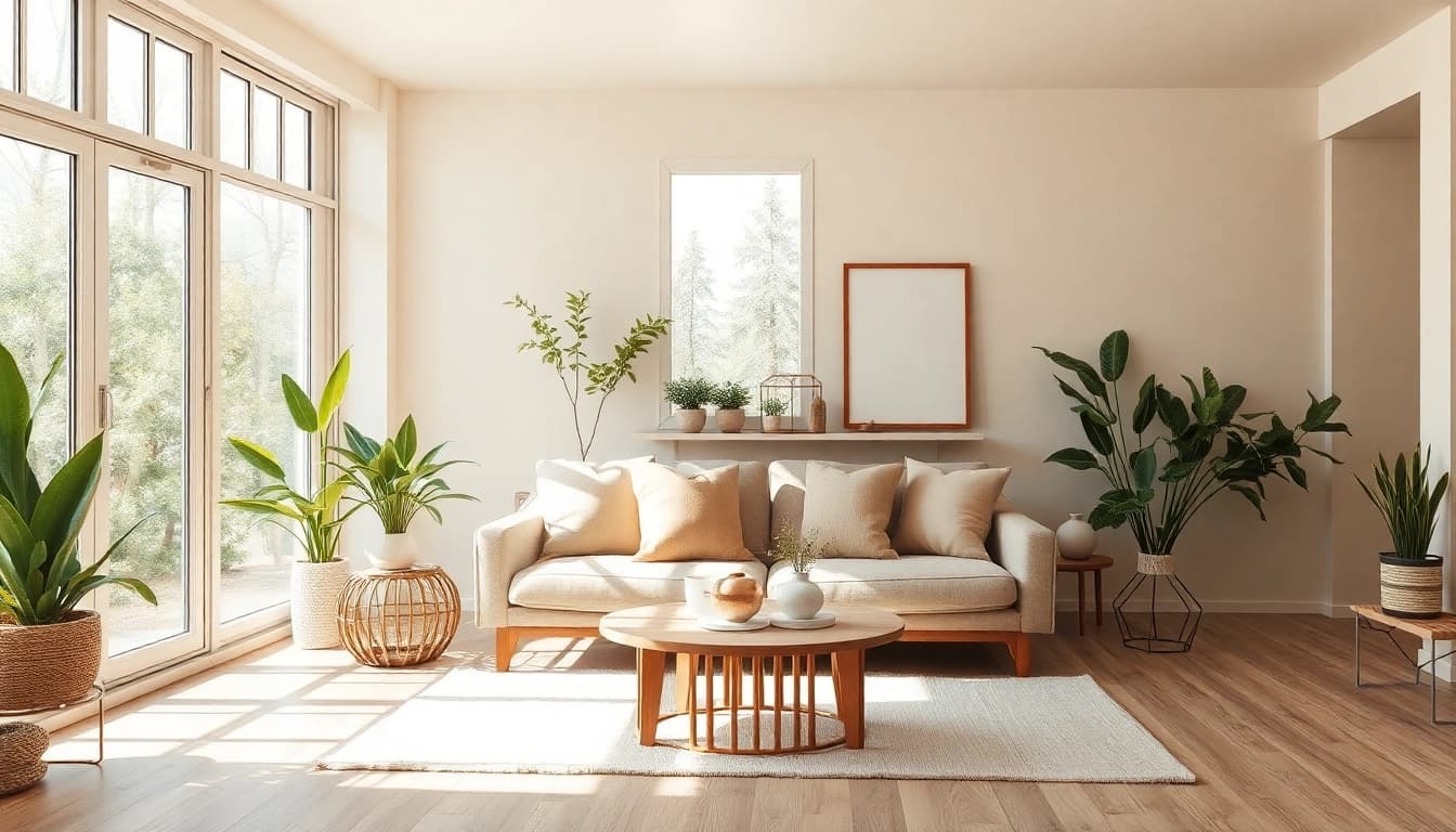 Raumgestaltung mit modernem, cozy Wohnzimmer, hellen Fenstern und harmonischer Farbpalette.