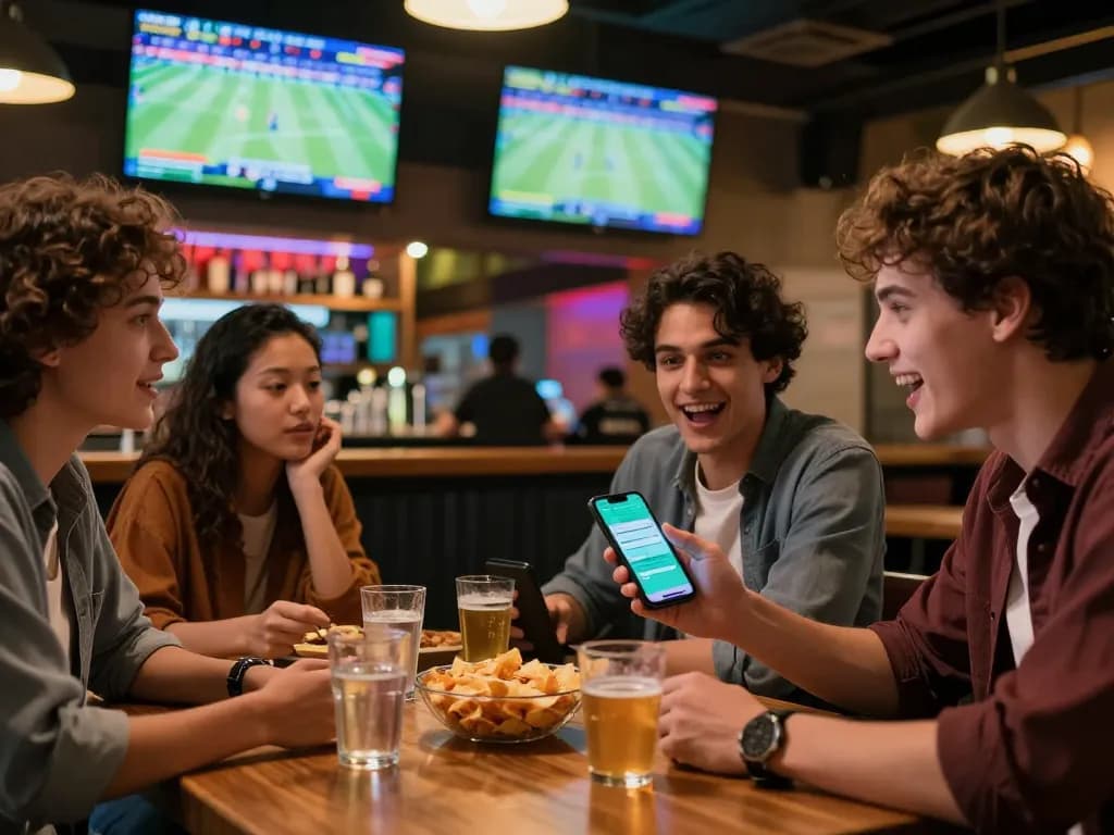 Friends engaging in exciting sports betting activities while checking tin soi kèo on their smartphones.