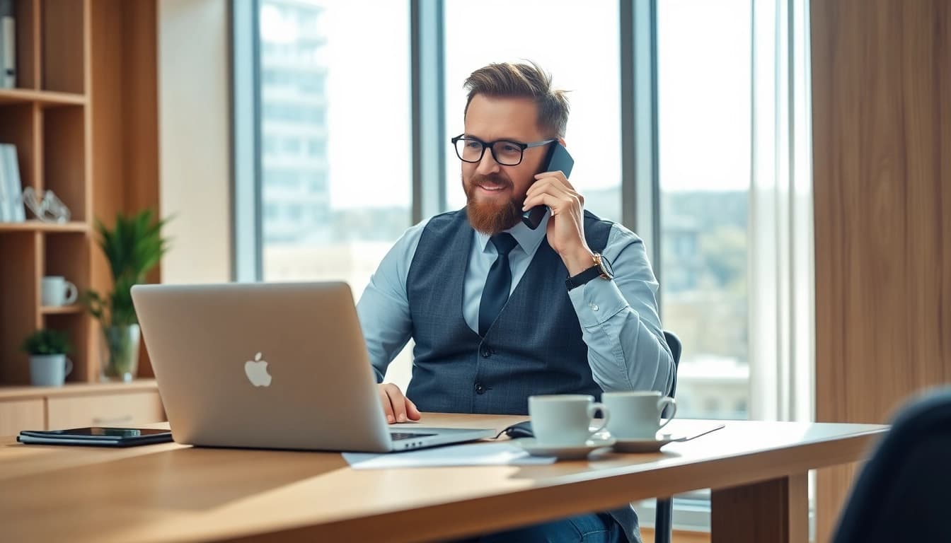 Headhunter am Schreibtisch führt ein inspirierendes Gespräch am Telefon.