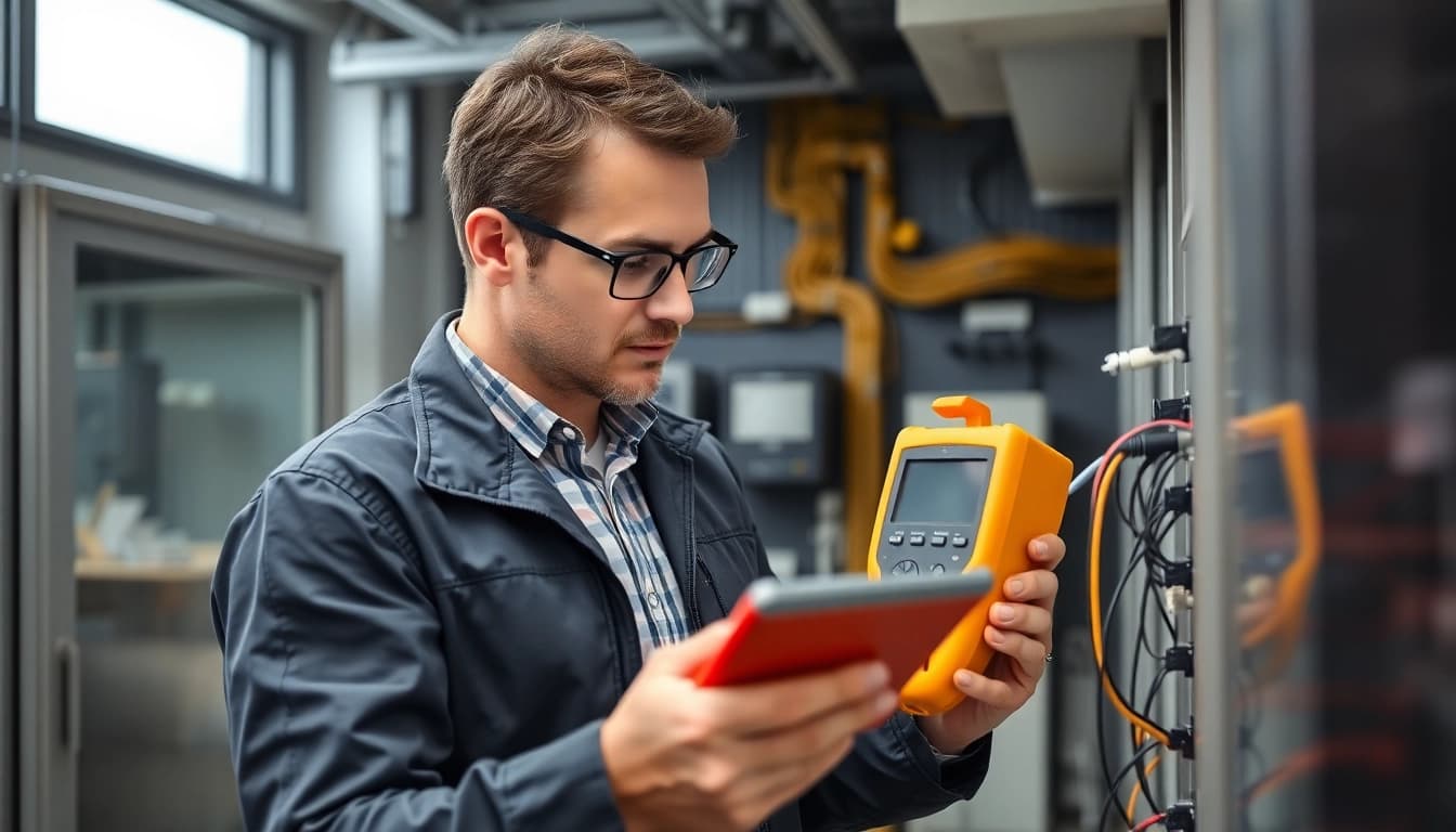 Technischer Inspecteur bei der DGUV V3 Prüfung elektrischer Geräte und Anlagen in einem modernen Büro.