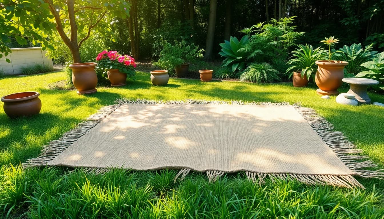 Hanfmatte in einem ruhigen Garten mit sanfter Beleuchtung und natürlichen Farben