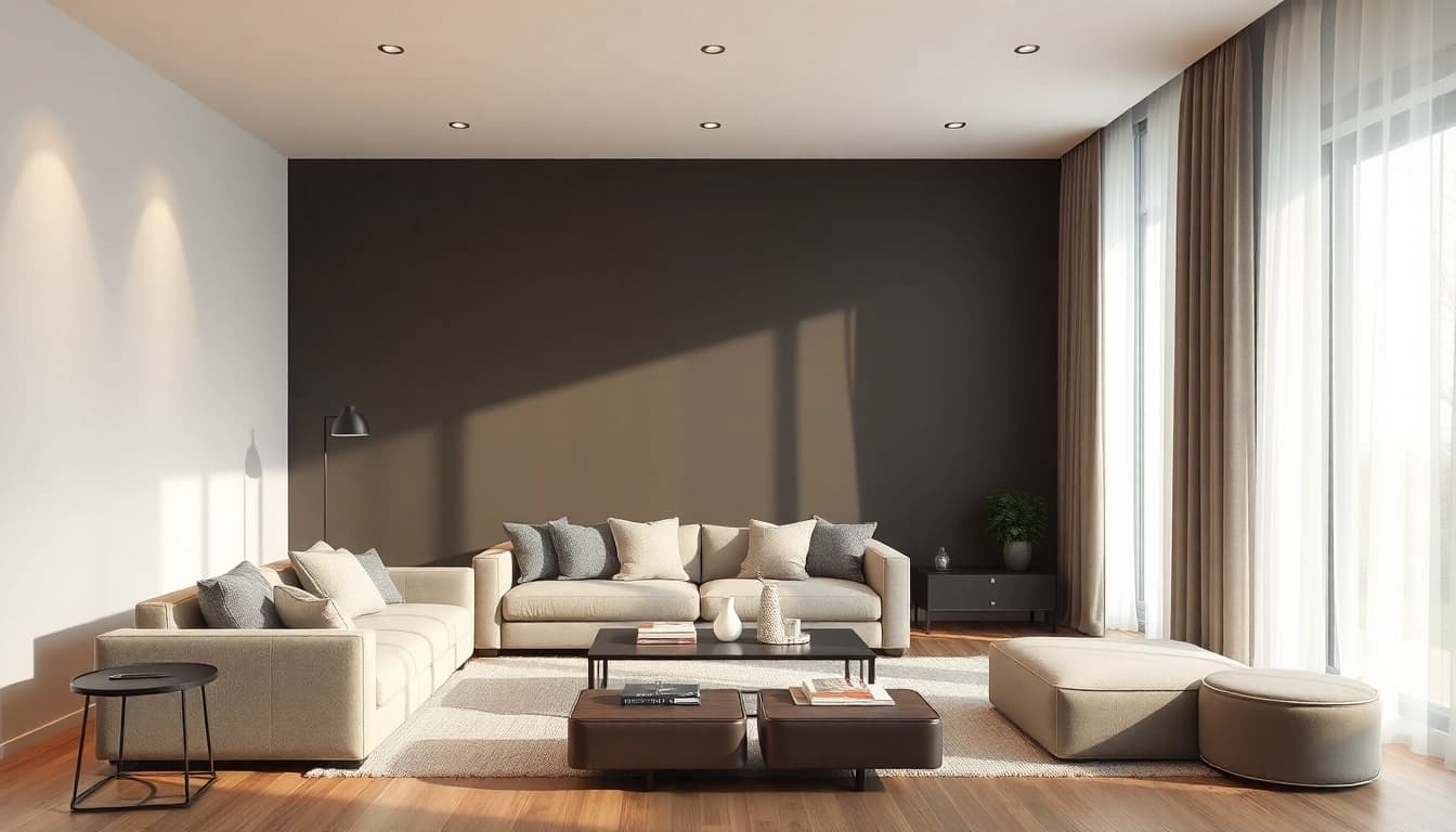 Hochwertige 3D Visualisierung erstellen eines modernen Wohnzimmers mit natürlichem Licht und stilvollem Design.