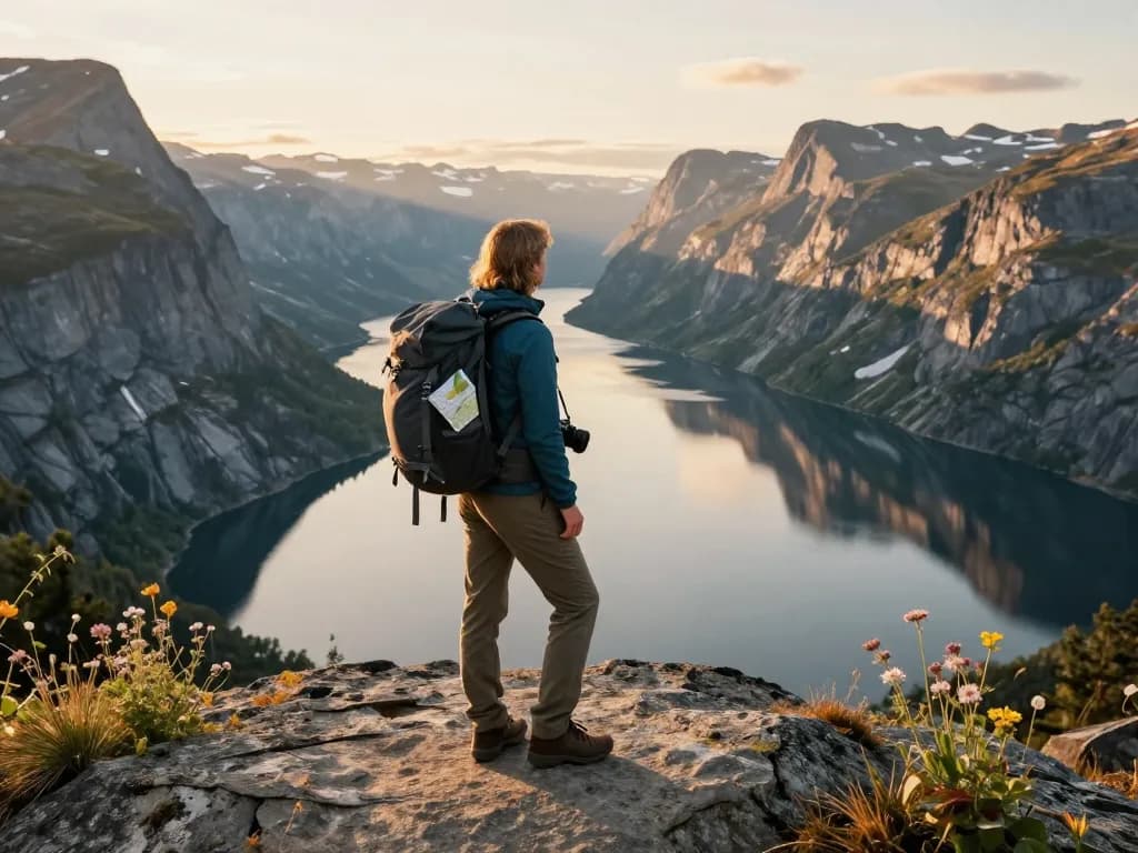 Malersicher Blick auf einen Reisenden an einem Fjord, der Skandinavien Reisetipps mit Bergen und Sonnenuntergang verkörpert.