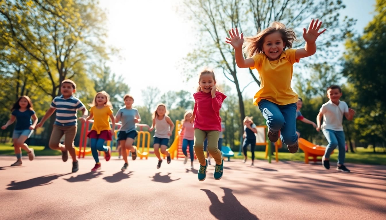 Details jetzt lesen ueber Kinder, die begeistert Bewegungsspiele im Freien spielen.