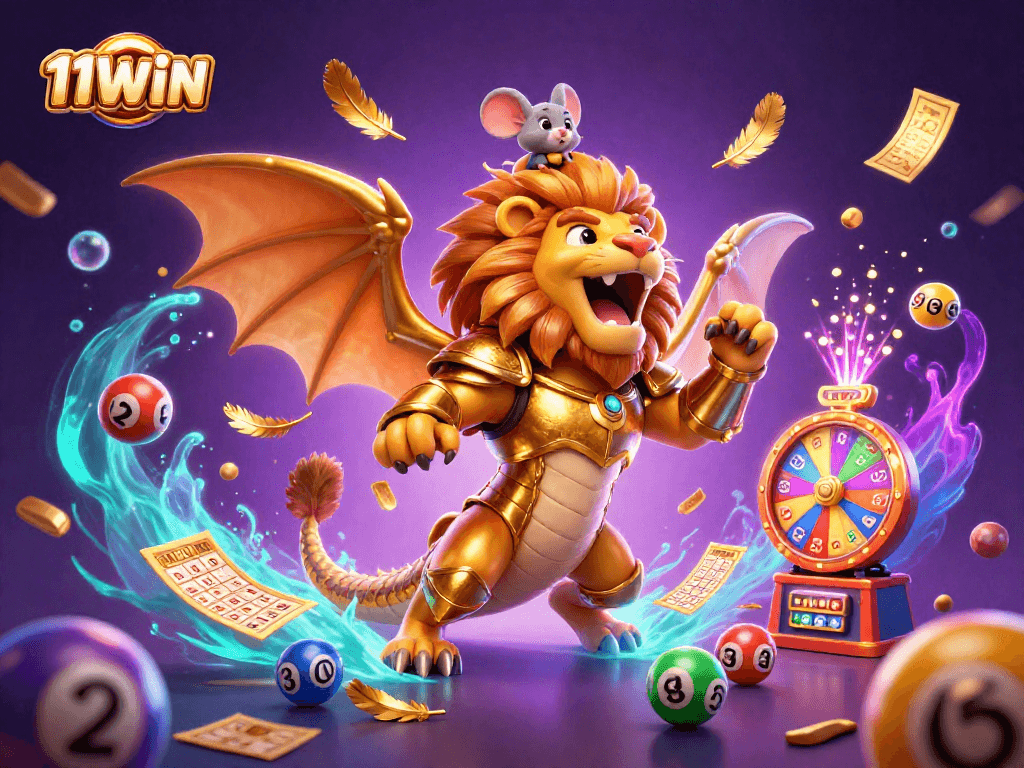 Experience thrilling bets with 11WIN in a vibrant 3D casino atmosphere featuring colorful lottery balls and a roaring chimera.