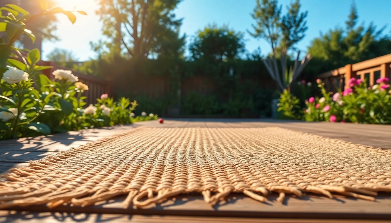 Die Hanfmatte auf einer Holzterrasse im Garten zeigt natürliche Texturen und eine einladende Atmosphäre.