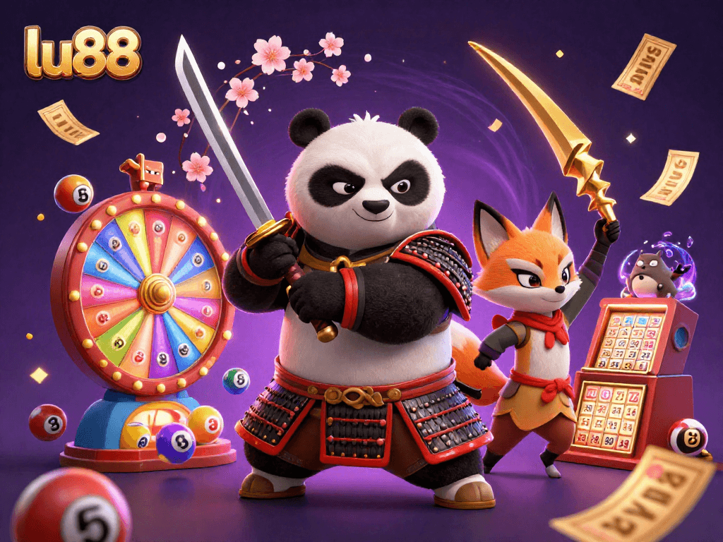Experience thrilling action at lu88 with a dynamic scene featuring panda samurai and ninja fox.