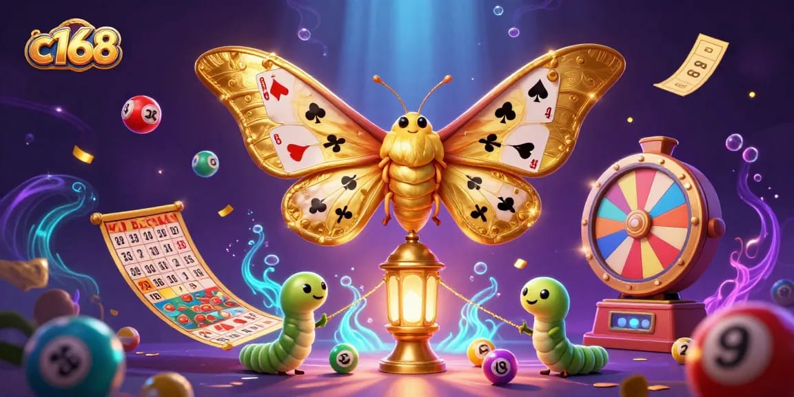 Engage in vibrant casino fun with c168 as a golden atlas moth soars amidst colorful lottery elements.