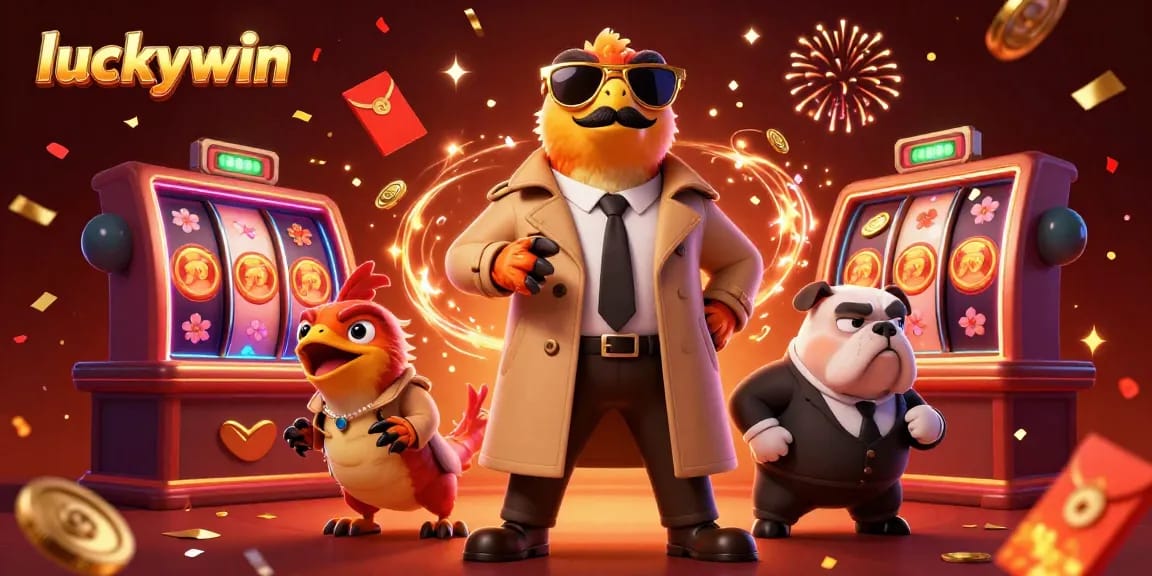 Experience the excitement of luckywin with raptors in a trench coat trying to impress a bulldog bouncer at a VIP casino.