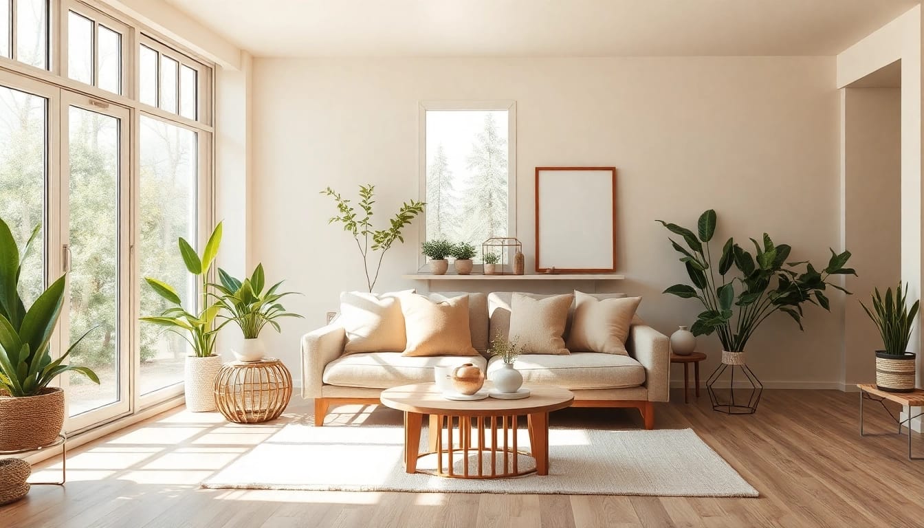 Raumgestaltung mit modernem, cozy Wohnzimmer, hellen Fenstern und harmonischer Farbpalette.
