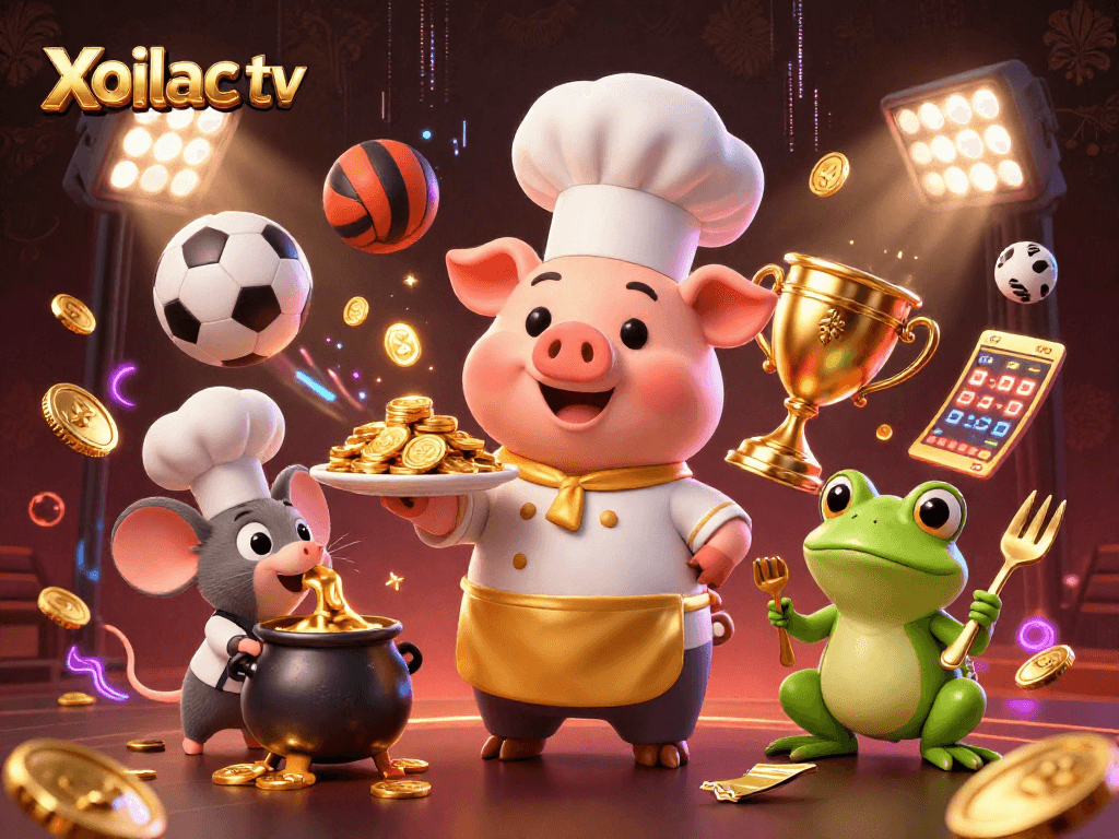 Xoilac tv showcases an animated scene with a chef pig serving gold coins, blending sports and betting themes.