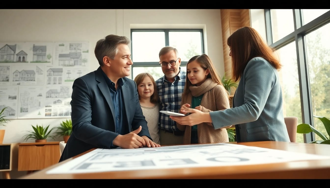 Immobilienmakler Frankfurt Ginnheim berät eine Familie in einem modernen Büro über Immobilienangebote.