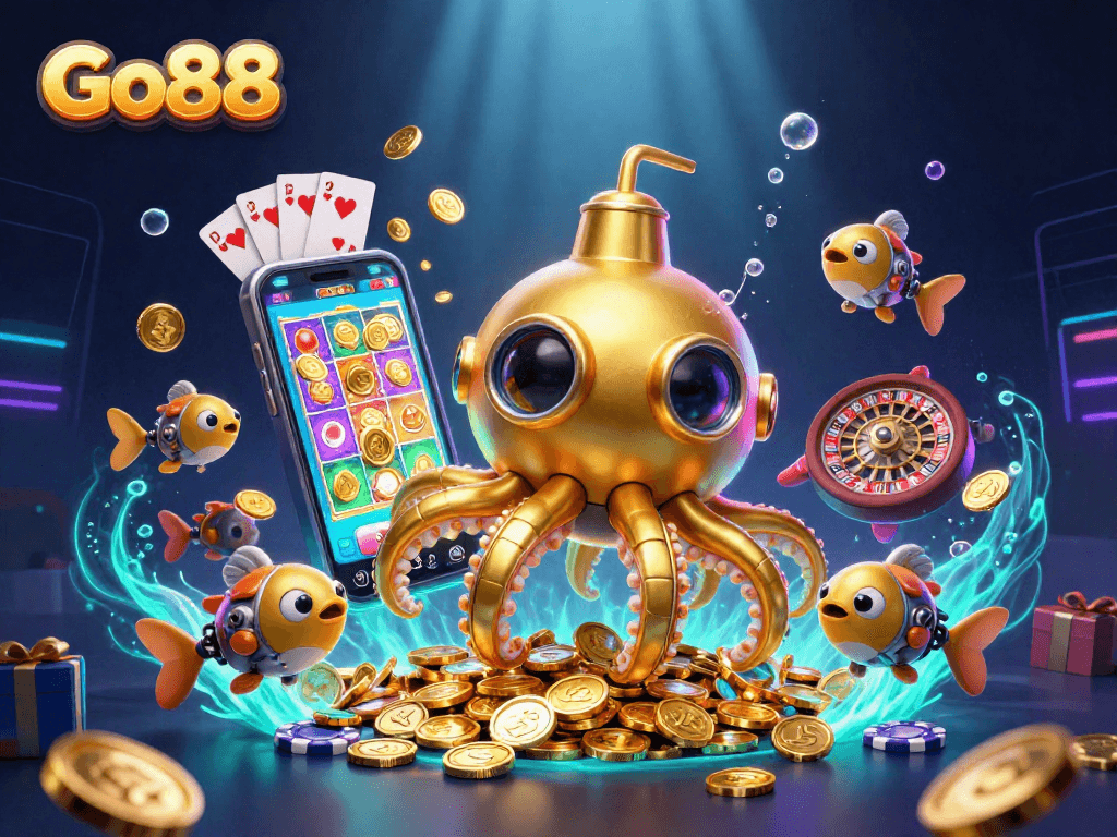 Spin and win at Go88 with the golden kraken amidst an ocean of coins and vibrant casino elements.
