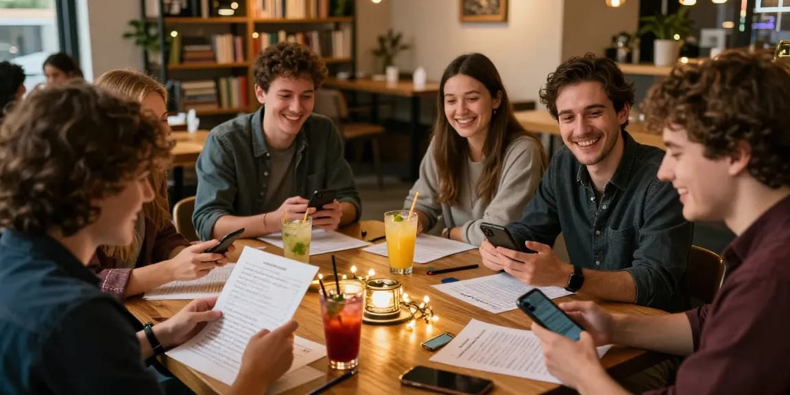 Freunde testen ihr Quiz Allgemeinwissen bei einer unterhaltsamen Quiznacht in einem Café.