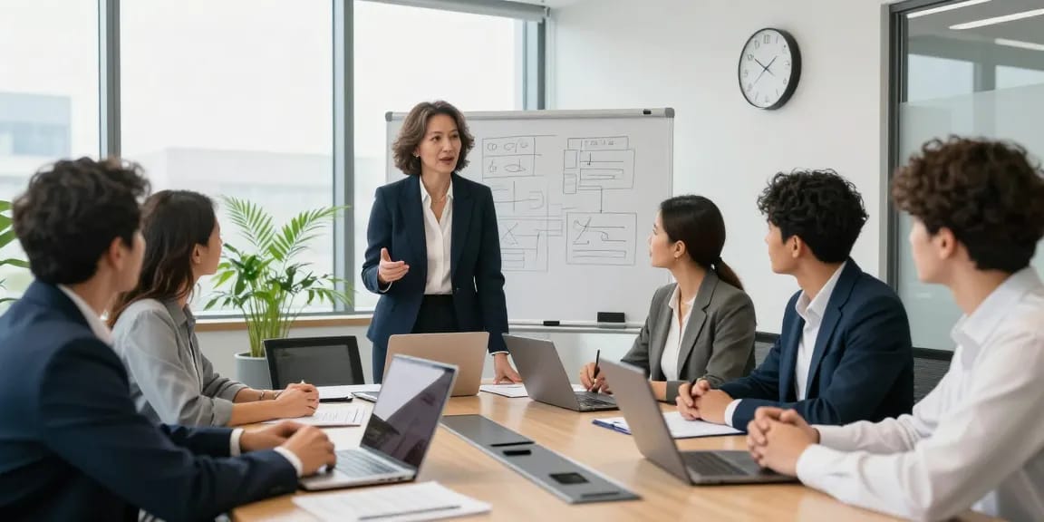 Micromanagement Chef: Dynamische Büroführungsszene mit engagiertem Team und strategischen Diskussionen.