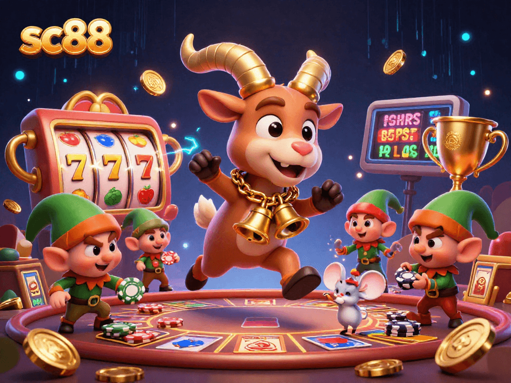 Win big with sc88 in a festive casino scene featuring a Krampus goat, angel mouse, and gremlins.
