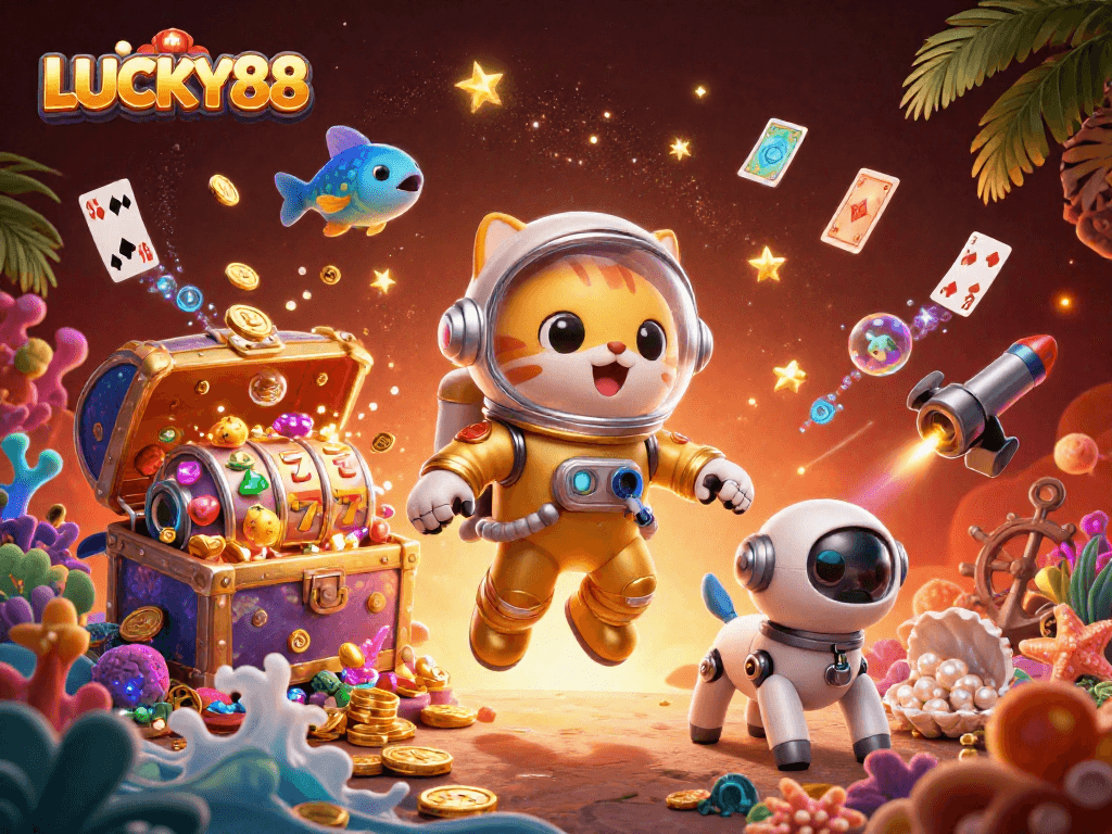 LUCKY88 enhances your gaming experience with a vibrant 3D illustration of a cosmic casino adventure.