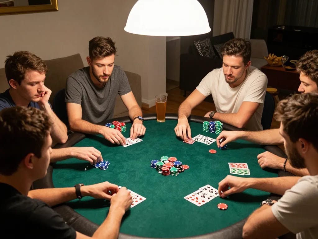 Friends analyze their poker strategies using the KI Detektor deutsch to ensure game integrity and transparency during a home game night.