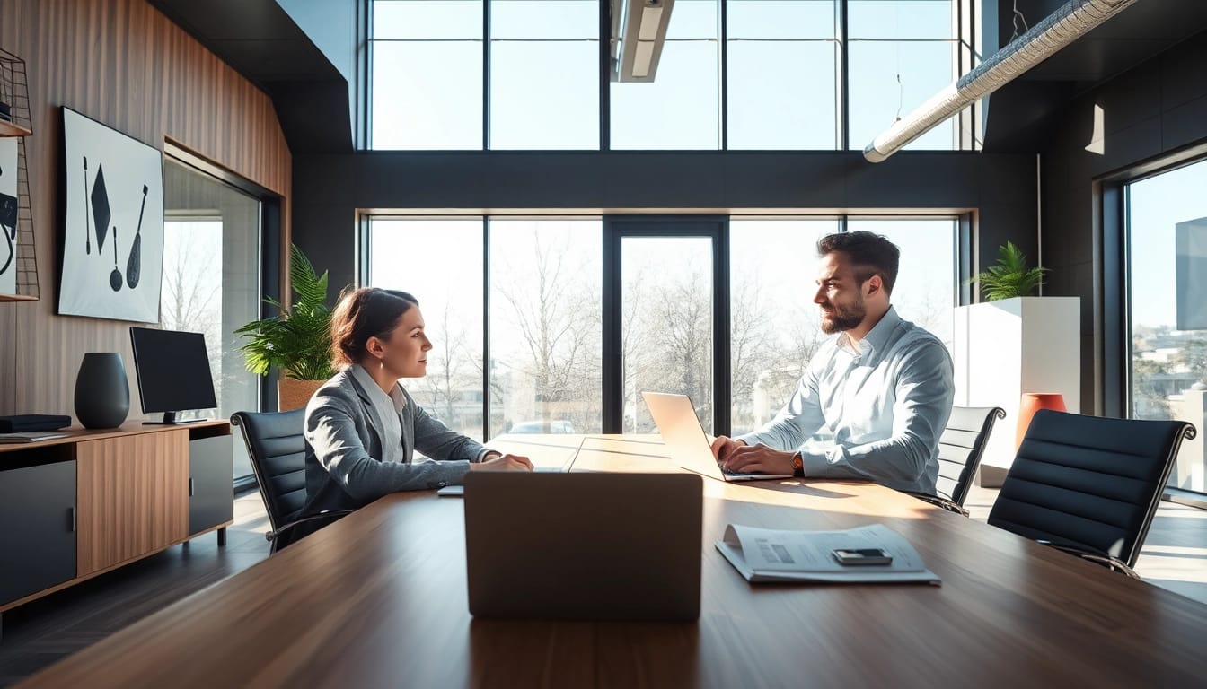 Headhunter Bielefeld im Gespräch mit einem Kandidaten in einem modernen Büro, das Professionalität und Expertise ausstrahlt.