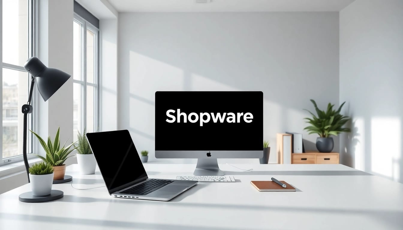 Craft a professional Shopware 6 Plugin in a modern workspace with a laptop and notes.