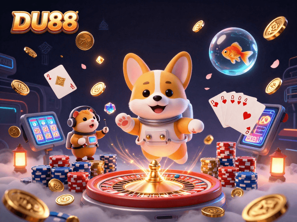 Experience DU88's immersive online casino with a playful astronaut corgi and vibrant gaming elements.