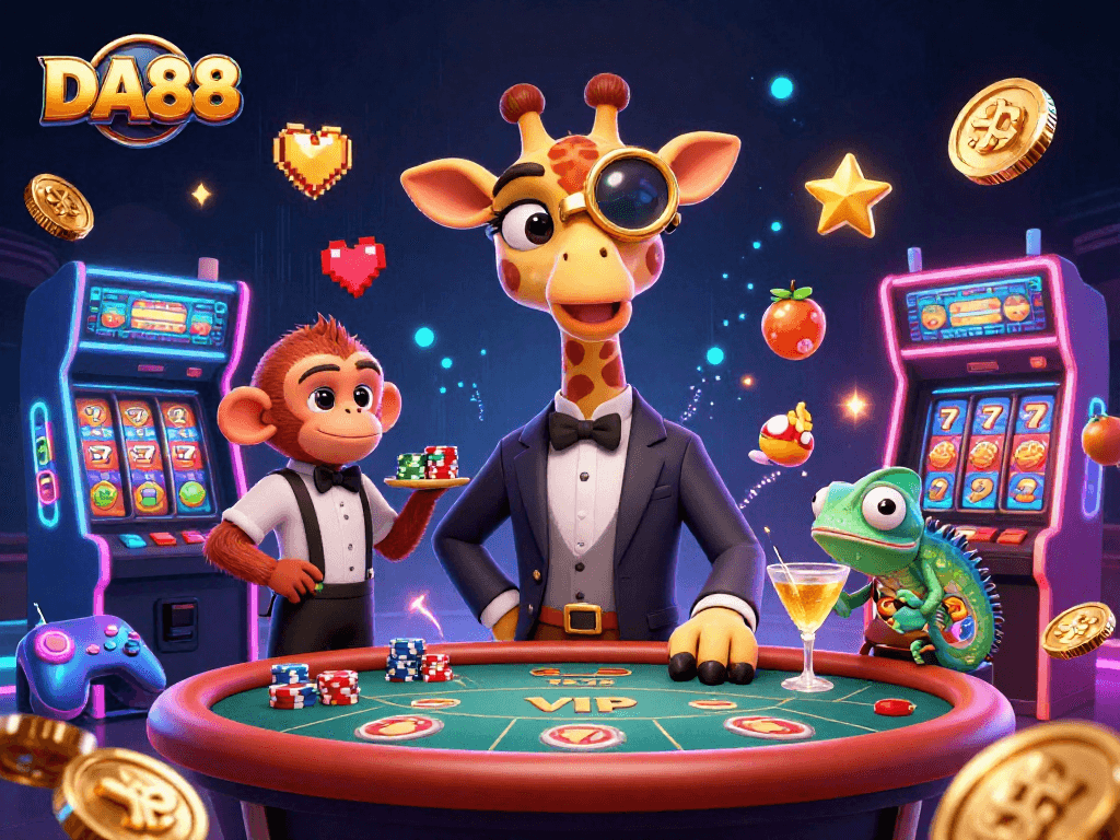Engage with the exciting DA88 casino experience featuring a high-roller giraffe at the poker table, showcasing vibrant gaming elements.