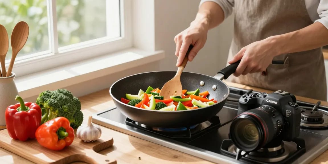 PTFE freie Pfanne in der modernen Küche mit frischem Gemüse und gesundem Kochen