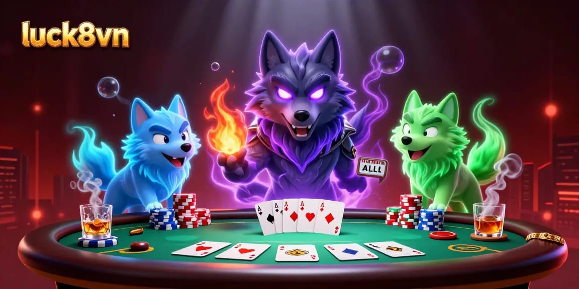 Experience thrilling gameplay at luck8vn with 3D cartoon wolf characters and poker elements.
