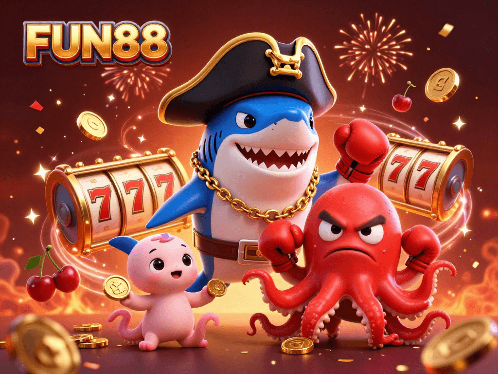 Experience FUN88's thrilling slots with a cartoon shark, pufferfish, and octopus among vibrant casino elements.