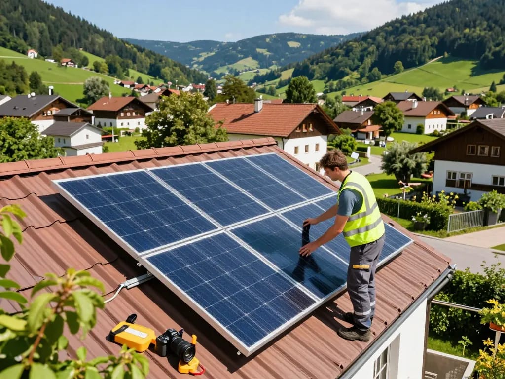 Techniker, der an Photovoltaik-Panels in Bayern arbeitet und die Vorteile von Photovoltaik Bayern für grüne Energie zeigt.
