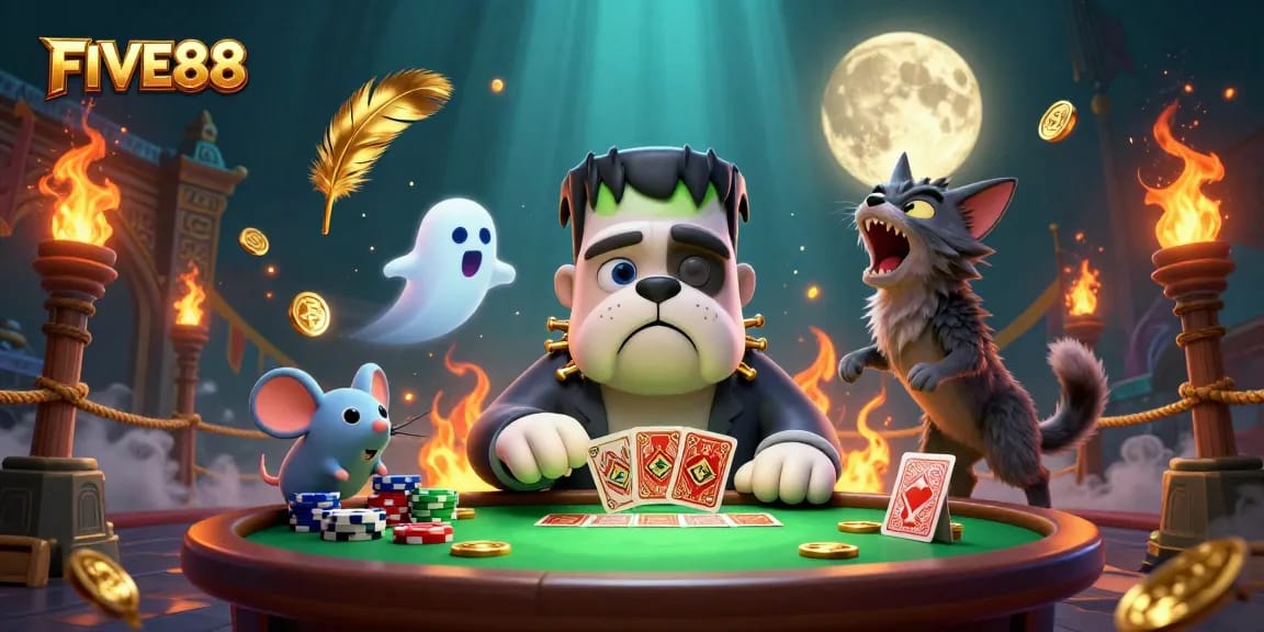 FIVE88 features a cartoon bulldog dealing cards at a casino-themed scene, immersed in gaming action.