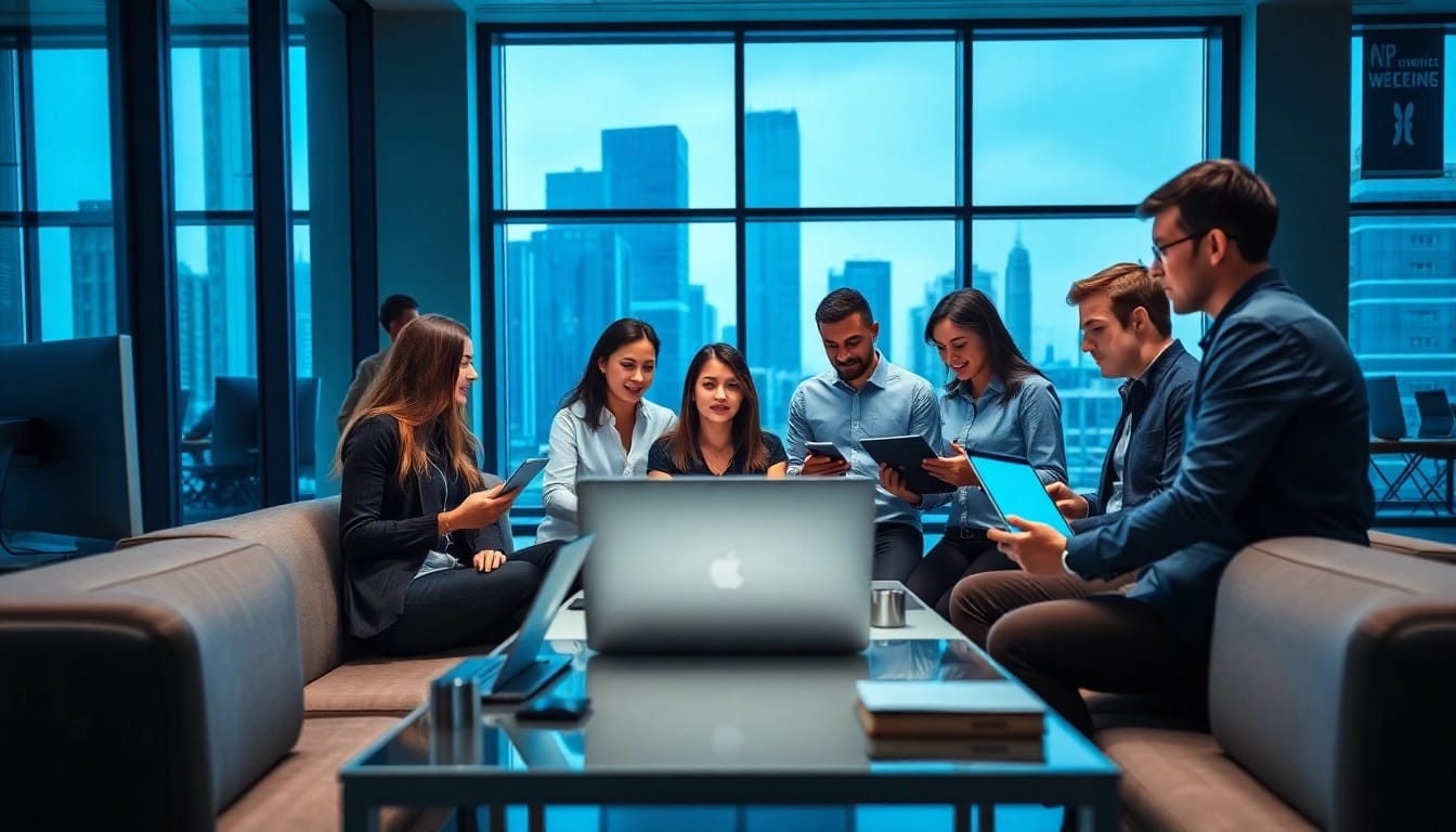IT Dienstleister team collaborating in a high-tech office environment.