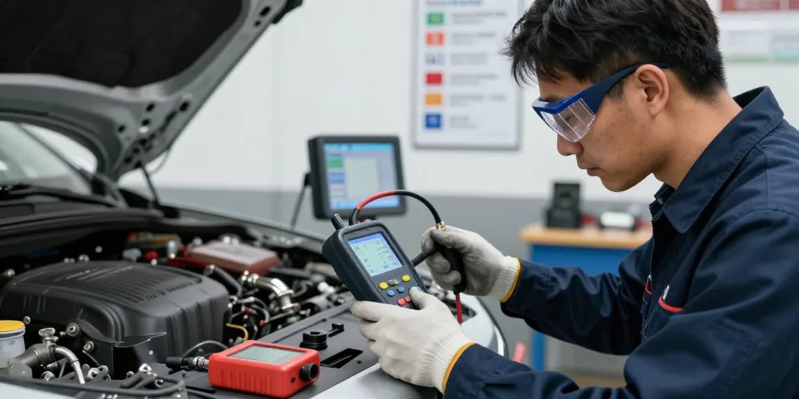Techniker, der einen Abgasanalysator in einer modernen Werkstatt untersucht, um Emissionen korrekt zu messen.