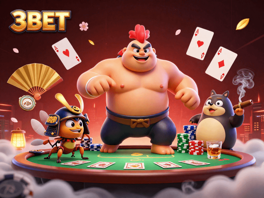 3BET Duel: Cartoon rooster and cricket battle on poker table with vibrant casino elements.