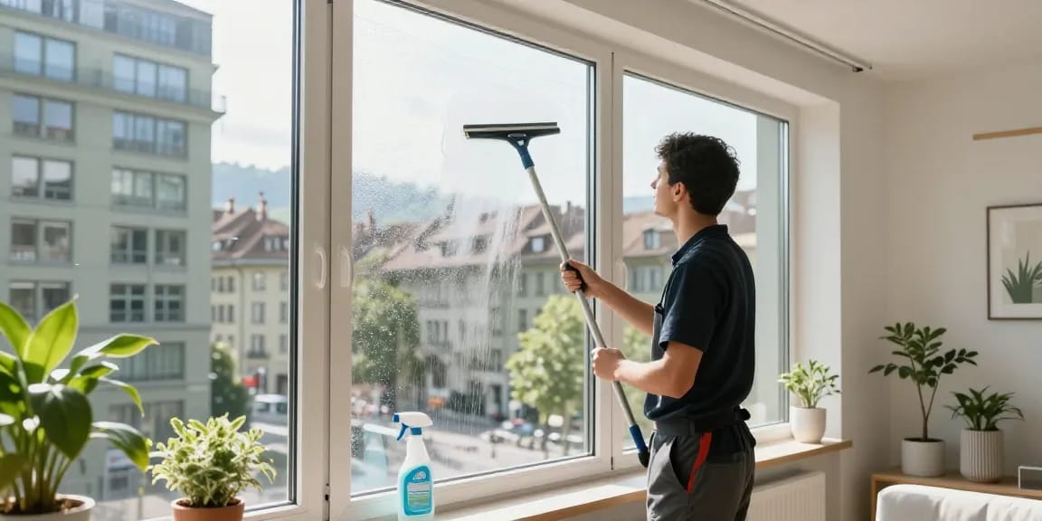 Professional fensterreinigung bern service showcasing a cleaner wiping a large window in a bright modern apartment.