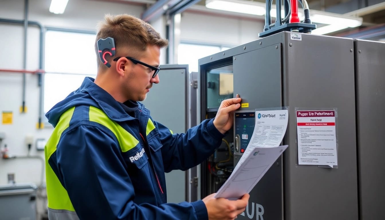 Technician performing a DGUV V3 Prüfung on electrical equipment, ensuring workplace safety and compliance.