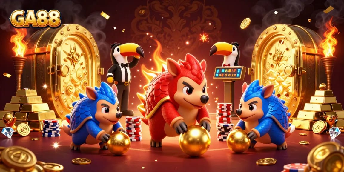 GA88 pangolins compete playfully in a vibrant casino scene, surrounded by treasure and confetti.