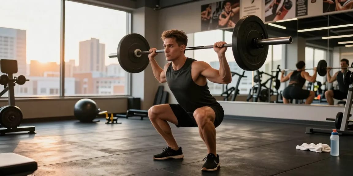 Anabolika Shop showcasing a fitness enthusiast performing barbell squats in a modern gym, emphasizing strength training and bodybuilding.