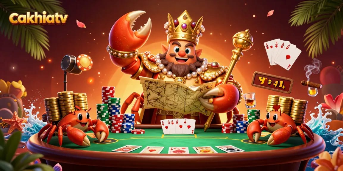 Cakhiatv showcases a golden crab emperor overseeing a vivid poker scene filled with colorful chips and cards.