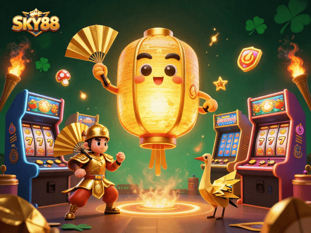 Engage with SKY88's vibrant arcade-style casino scene, featuring golden spirits and colorful game elements.