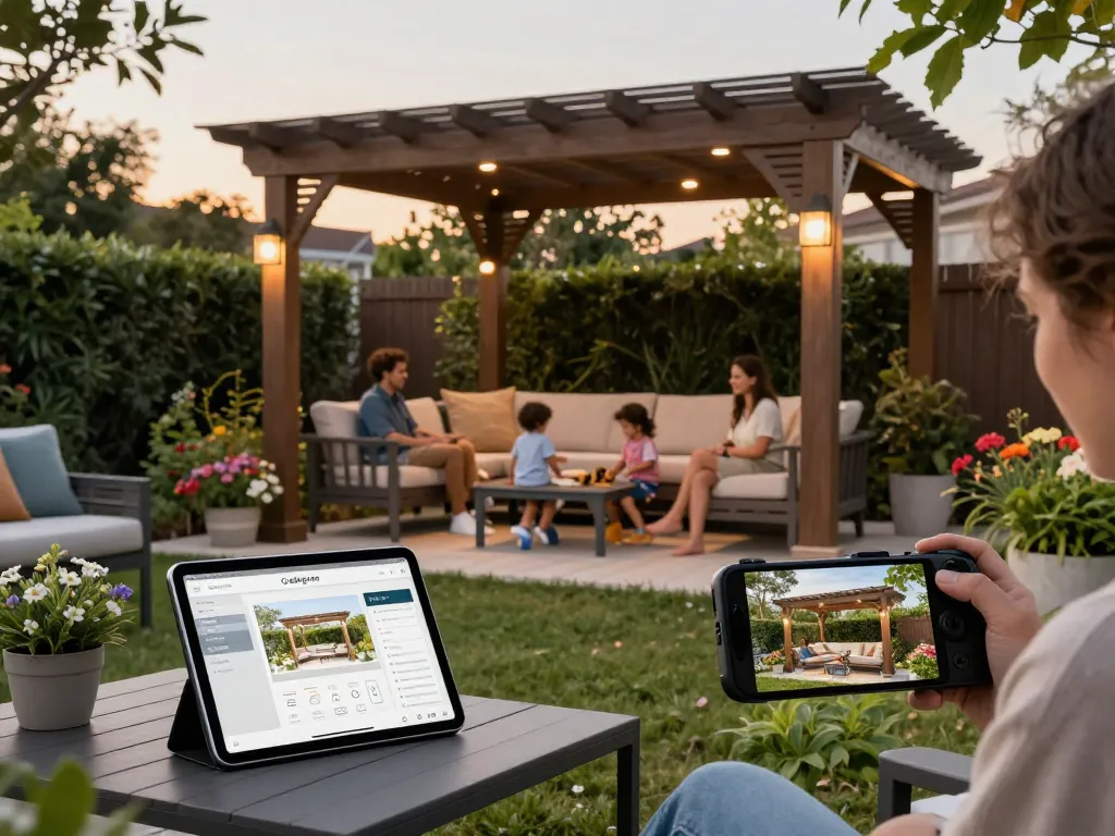 Familie genießt eine schön gestaltete Pergola und nutzt den Pergola-Konfigurator, um ihren Außenbereich zu visualisieren.